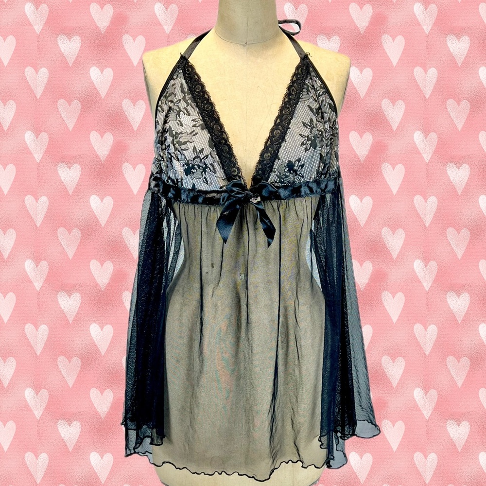 Black Lace sheer mesh nighty babydoll negligee lingerie tie open back sexy pinup